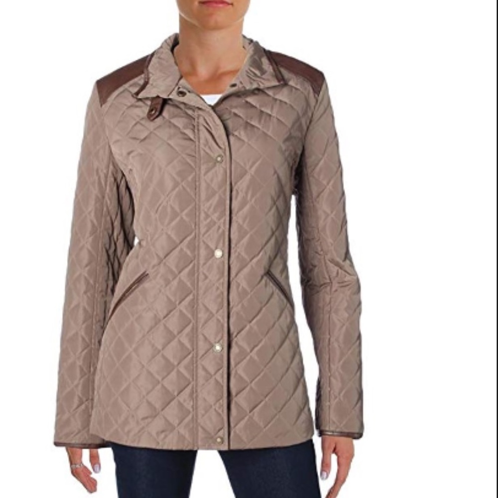 Ralph Lauren, padded jacket ,brown w/brown leather details, 2 mediums available